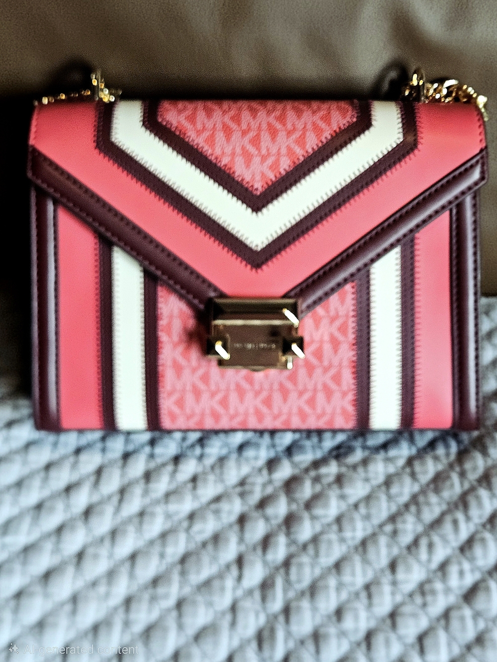 Michael Kors Pink Chevron Logo Shoulder Bag with Burgundy Trim 9.5 X  7 X 3.5